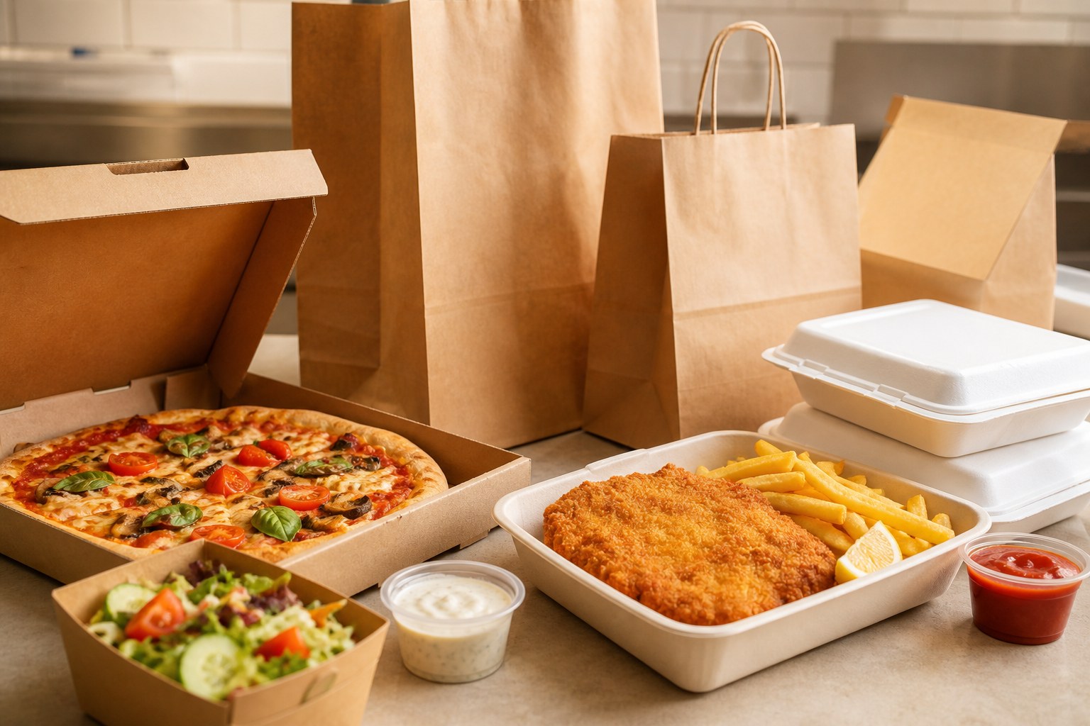 Take-away und Liefergerichte mit Schnitzel, Pizza und Salat